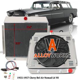 Alloyworks Bc003g 4-row Aluminum Radiator Shroud Fan Relay Kit For 55-57 Chevy Bel Air Nomad L6 V8