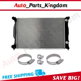 12959875 Auto Parts Kingdom Aluminum Radiator For 03-08 Audi A4 With Universal Oil Hose Clamps Kit Cu2556