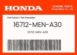 Honda Genuine O-ring (2.4X88.4) 16712-MEN-A30 New. Price: $11.45.